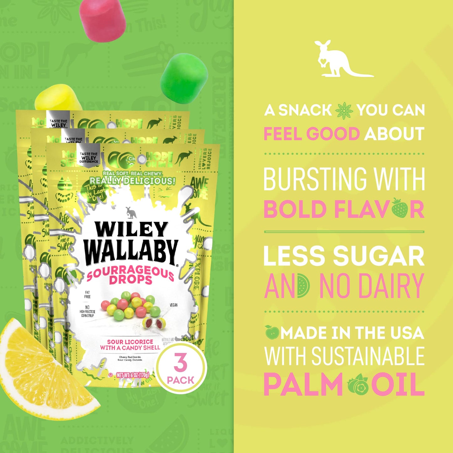 Wiley Wallaby 6 Ounce Sourrageous Drops Mix Of Watermelon, Green Apple And Lemon Soft & Chewy Licorice With A Candy Shell, 3 Pac
