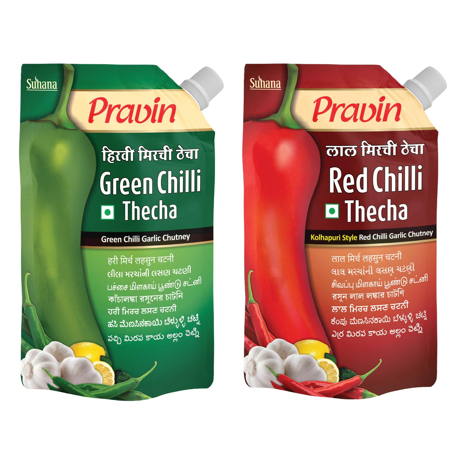 Pravin Red Chilli Thecha 100G X 4 & Green Chilli Thecha 100G X 4 - Combo Of 8