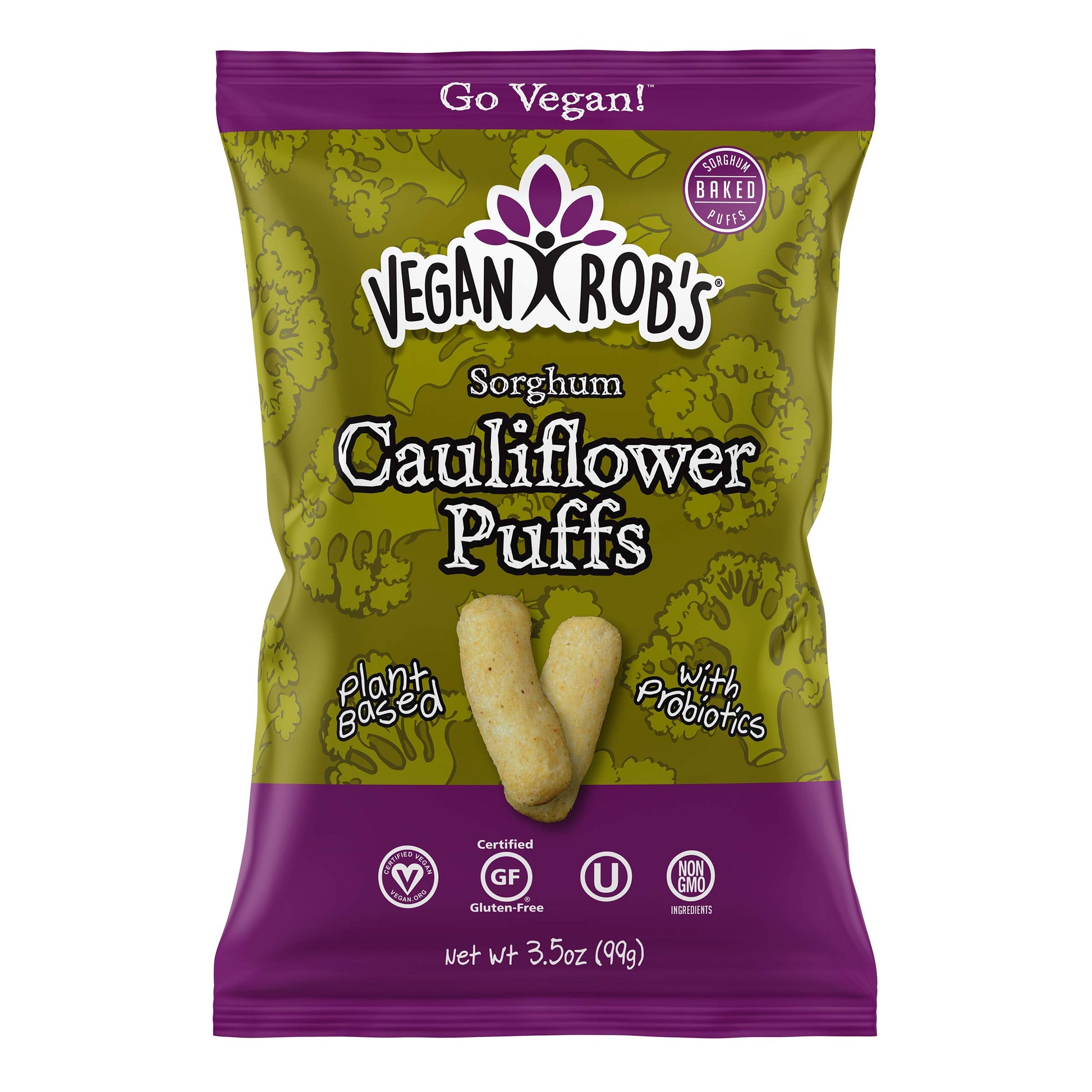 Vegan Robs Puffs, Cauliflower, 3.5 Ounce (6 Count), Made With Probiotics, Gluten-Free Snack, Plant Based, Vegan, Zero Trans Fat