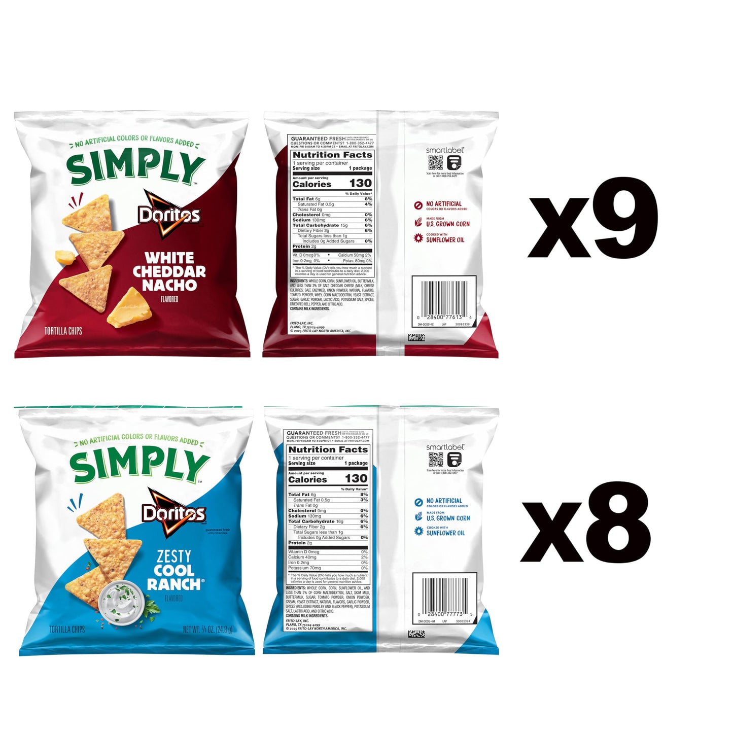 Simply Doritos Variety Pack, White Cheddar Nacho & Zesty Ranch, 0.875 Oz, Pack of 17