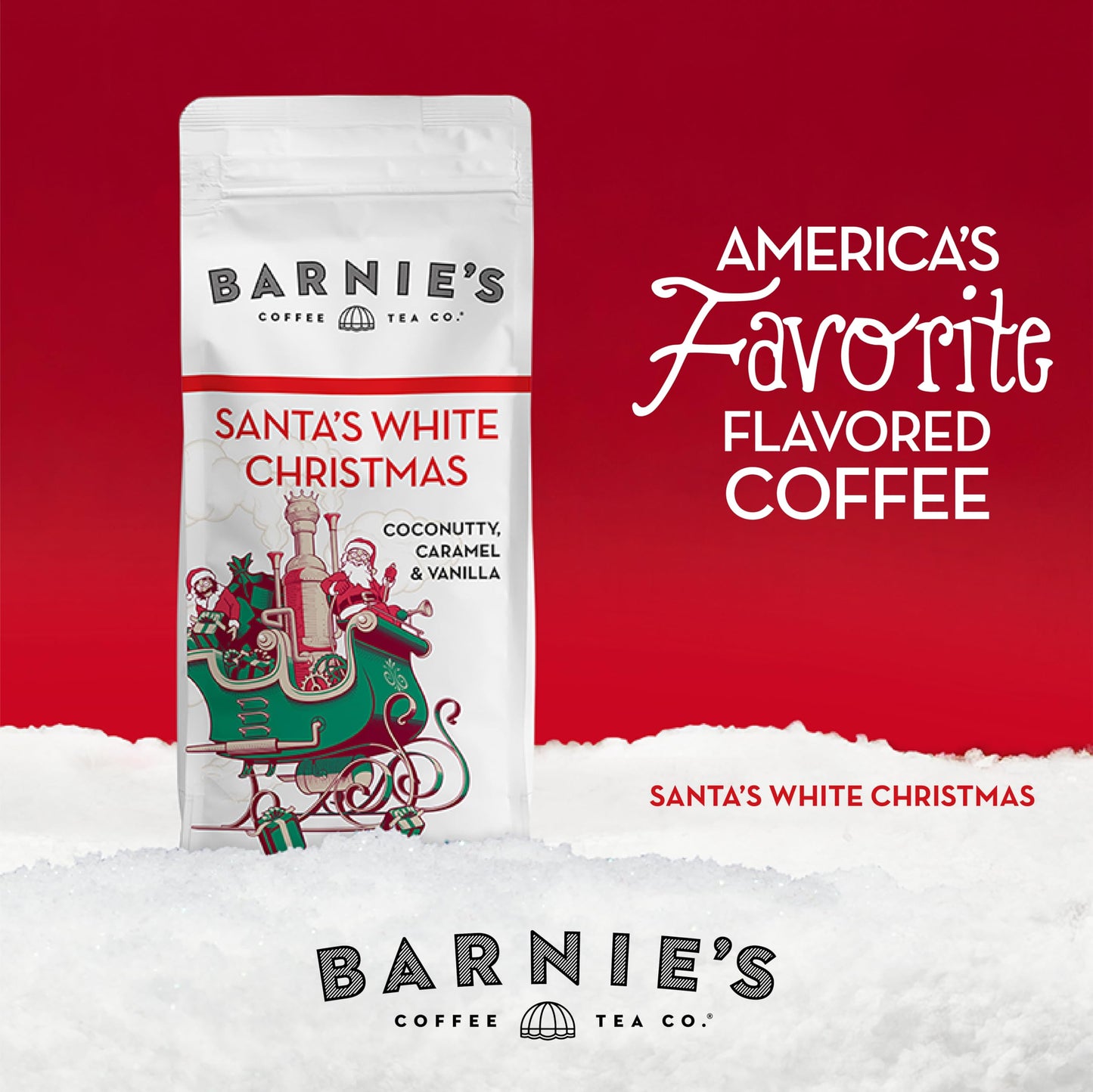 BARNIES COFFEE TEA Ground Coffee, Santas White Christmas, Coconut & Caramel, Medium Roast, 12 oz Bag