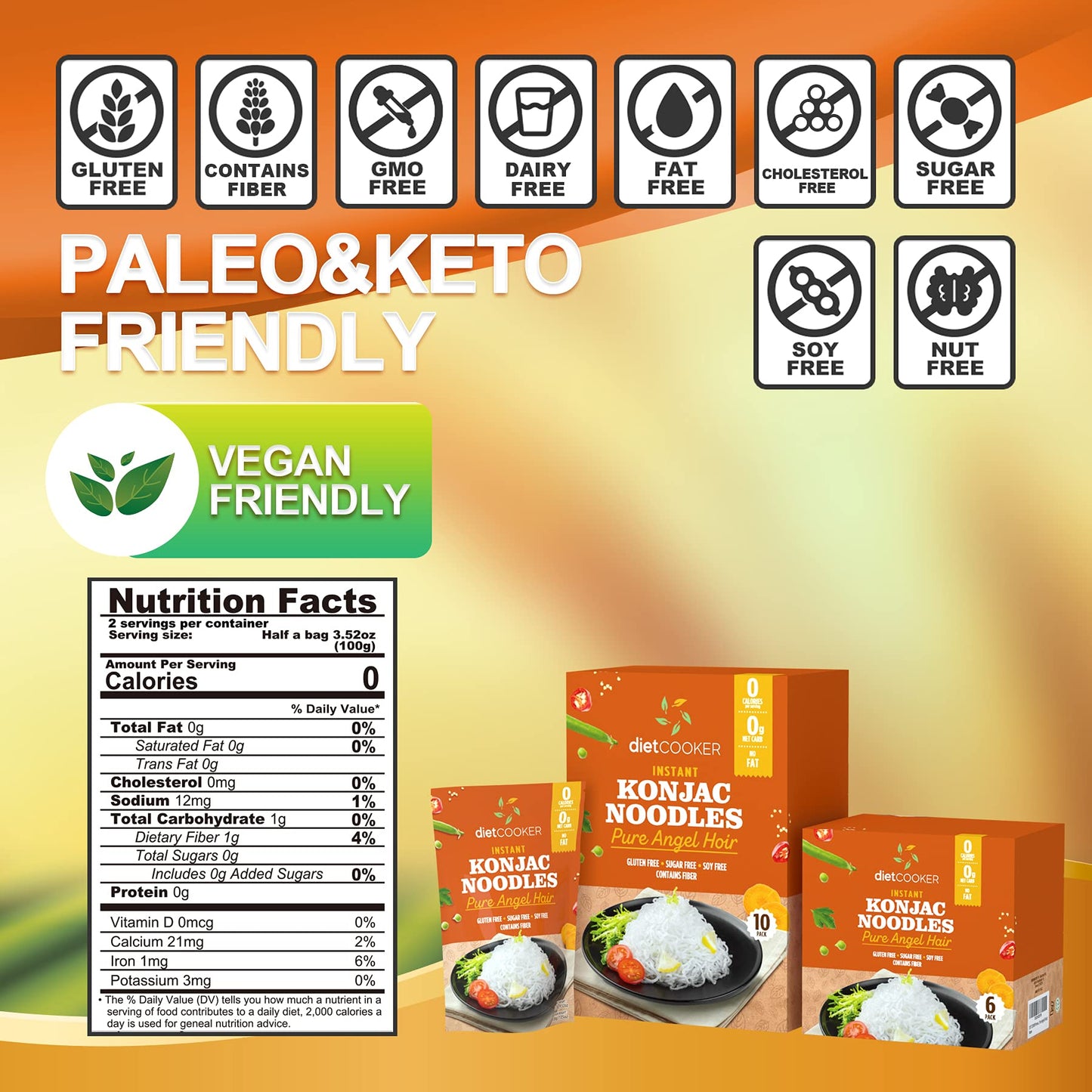 DIET COOKER Shirataki Noodles - Keto & Vegan, 9.52 oz (10 Packs), Zero Net Carbs, Low Calorie Pasta, Odor Free, Healthy Diet Food