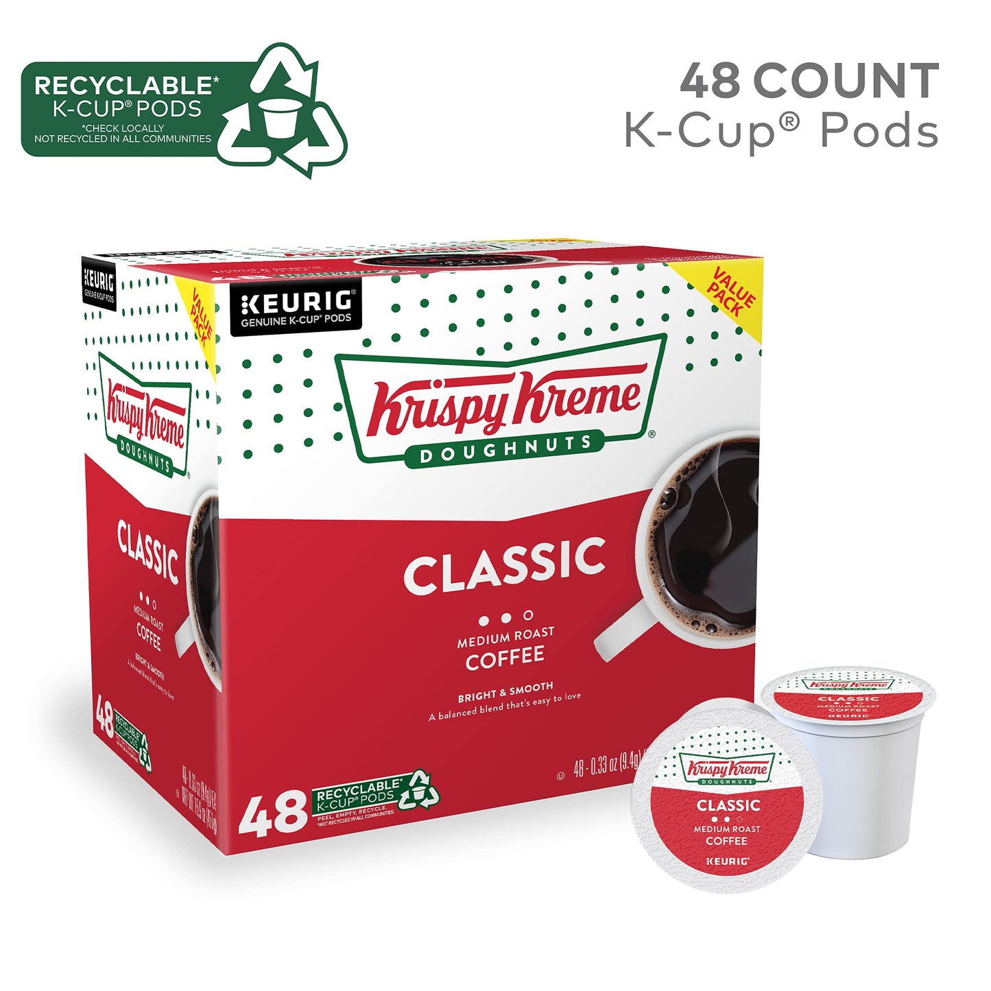 Krispy Kreme Doughnuts Classic, Keurig Single Serve K-Cup Pods, Medium Roast Coffee 48 Count