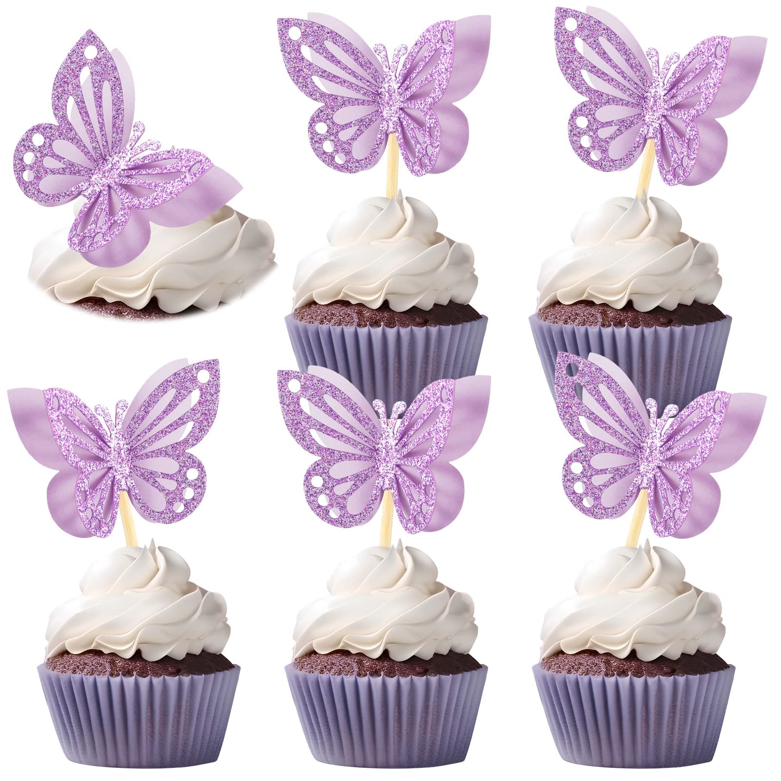 Chinco Butterfly Cupcake Toppers, 48 Pcs Double Layer, 3D Glitter, Purple, Ideal for Baby Showers, Birthdays, Weddings