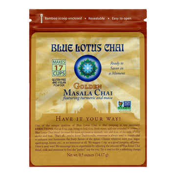 Blue Lotus Chai - Golden Masala Flavor Chai - Makes 17 Cups - 0.5 Ounce Masala Spiced Chai Powder With Organic Spices - Instant 