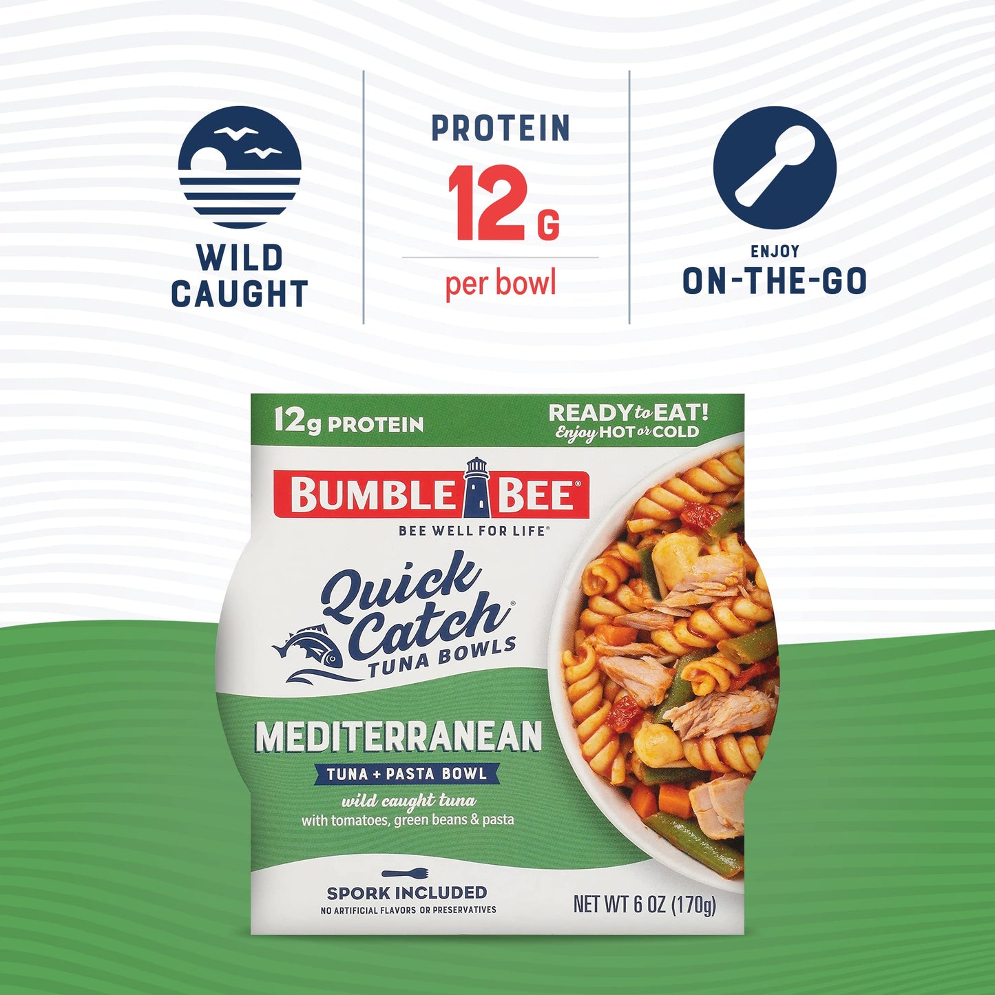 Bumble Bee Quick Catch Mediterranean Pasta, Wild Caught Tuna And Pasta Bowl, 6 Oz (Pack Of 6) - Ready To Enjoy, Spork Included - 14G Protein Per Serving - No Artificial Flavors - Good Source Of Fiber