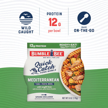 Bumble Bee Quick Catch Mediterranean Pasta, Wild Caught Tuna And Pasta Bowl, 6 Oz (Pack Of 6) - Ready To Enjoy, Spork Included - 14G Protein Per Serving - No Artificial Flavors - Good Source Of Fiber