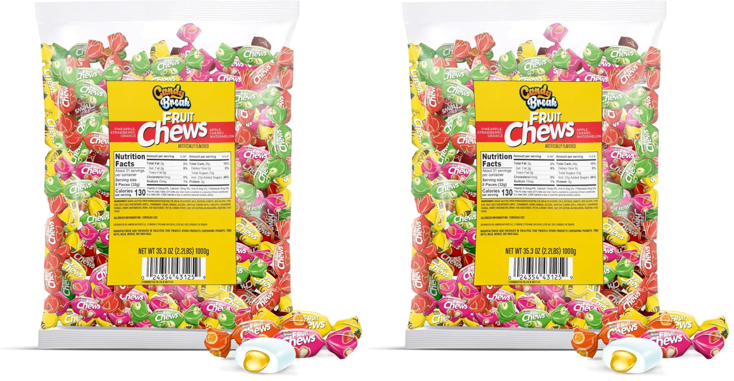 Candy Break Toffix Fruit Chews - Variety Pack of Fruit Candy with Flavored Filling, Strawberry, Apple, Watermelon, Cherry, Pinea
