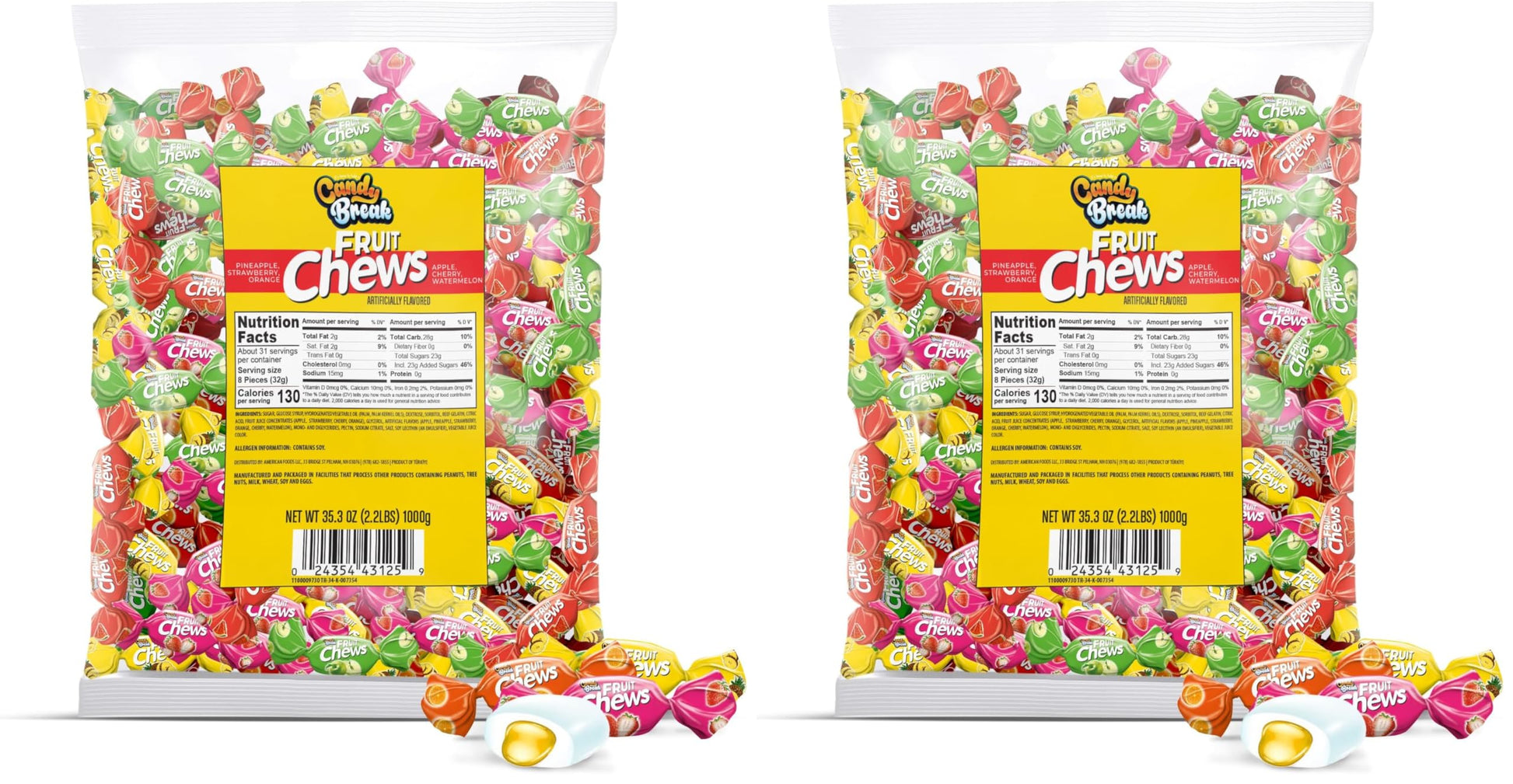 Candy Break Toffix Fruit Chews - Variety Pack of Fruit Candy with Flavored Filling, Strawberry, Apple, Watermelon, Cherry, Pinea