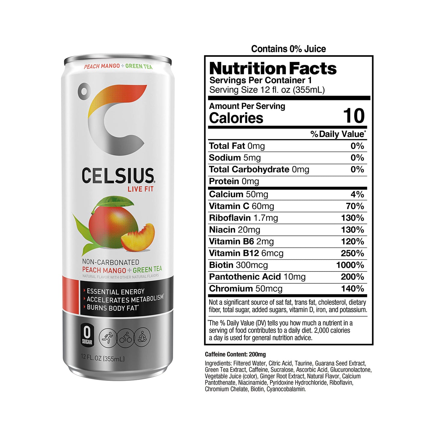 CELSIUS Peach Mango Green Tea, Functional Essential Energy Drink, 12 Fl Oz (Pack of 24)