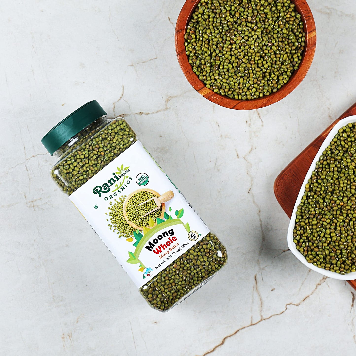 Rani Organic Moong Whole (Whole Mung Beans With Skin) Indian Lentils 32Oz (2Lbs) 908G Pet Jar ~ All Natural | Vegan | Gluten Fri