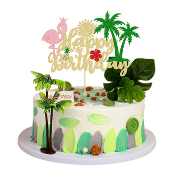 Gyufise 1Pcs Glitter Flamingo Happy Birthday Cake Topper Flamingo Cake Decoration For Hawaiian Luau Tropical Pineapple Theme Kid