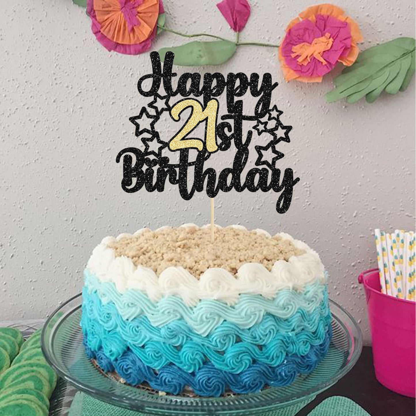 Gyufise 1Pc Happy 21St Birthday Cake Topper Black Gold Glitter Cheers To 21 Years Birthday Cake Pick 21 Fabulous Cake Decoration