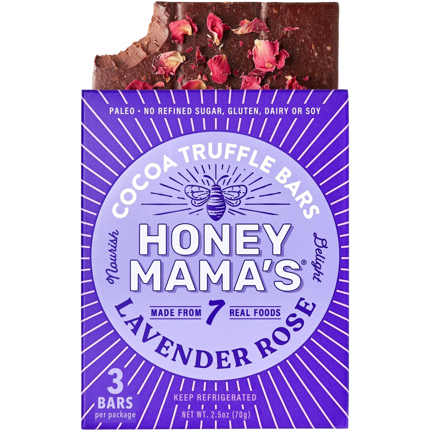 Honey Mamas Lavender Rose Cocoa Truffle Bars, No Refined Sugar, Gluten Free, Dairy Free, Paleo, 2.5 OZ, 3-Serving Bar