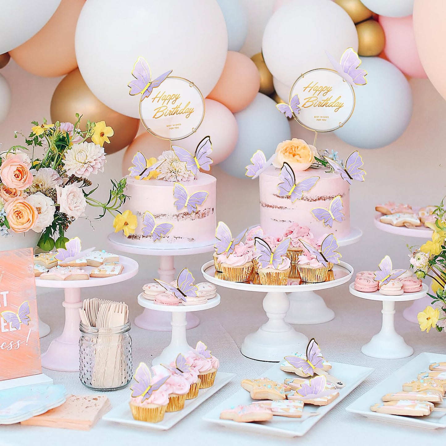 BHNKGZNA 13 Pieces Butterfly Cake Toppers 3D Pink Gold Decorations for Birthday Party Wedding Baby Shower, Purple Cardstock, Model RIT01