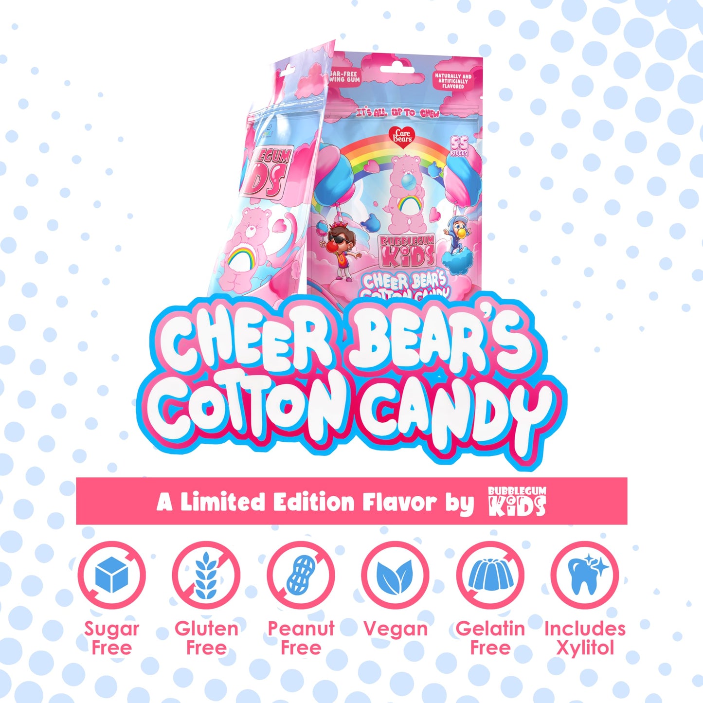 Bubblegum Kids Sugar Free Gum - Bubble Gum For Kids And Adults - Care Bears Xylitol Chewing Gum Sugar Free - Aspartame Free, Veg