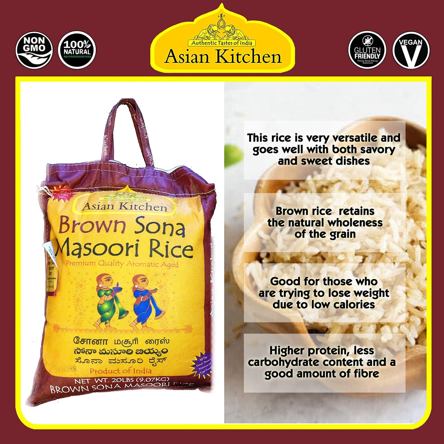 Asian Kitchen Brown Sona Masoori Aged Rice 20-Pound Bag, 20Lbs (9.08Kg) Short Grain Rice ~ All Natural | Gluten Friendly | Vegan