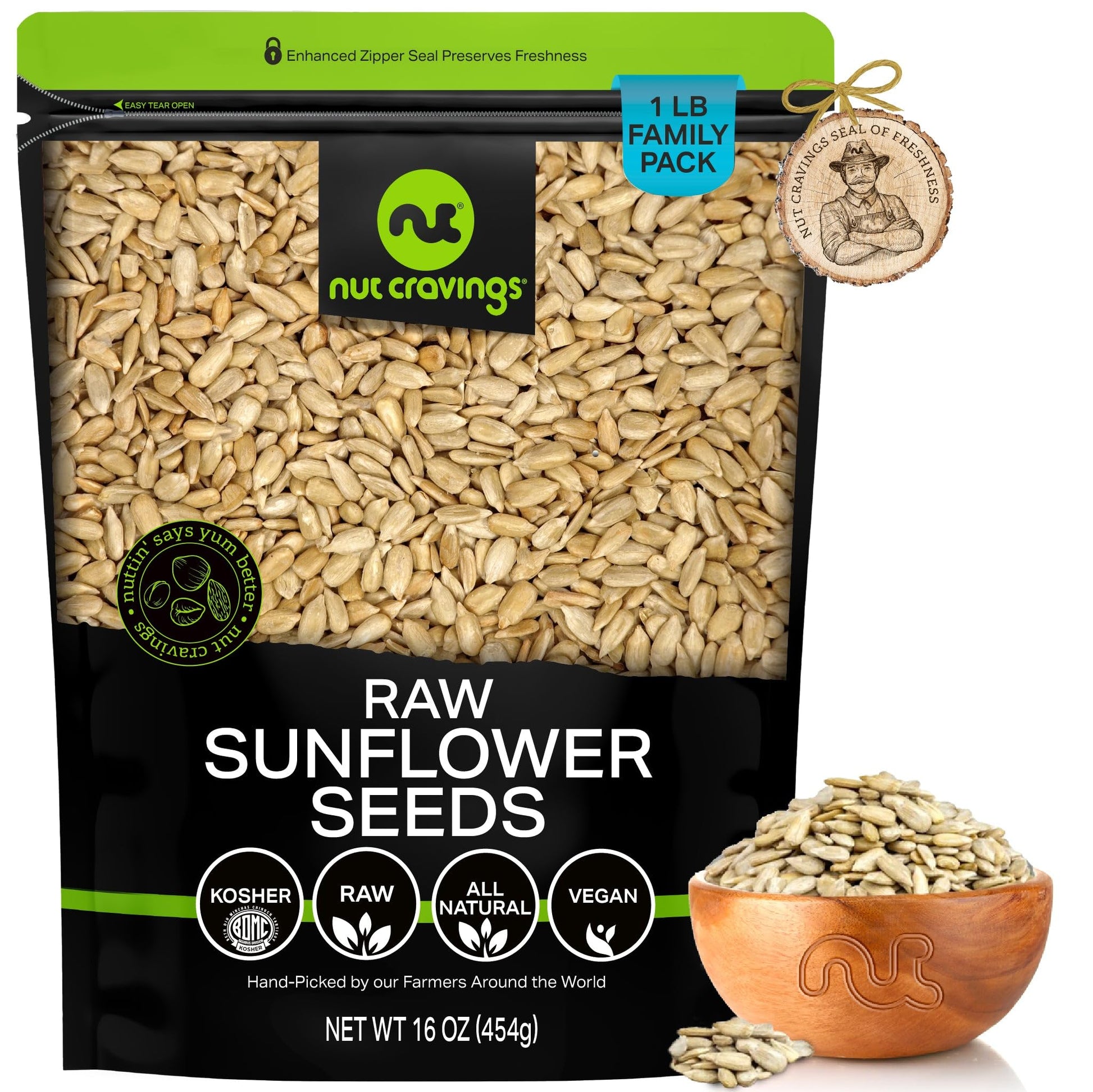 NUT CRAVINGS - Raw Sunflower Seeds Kernels to eat, Unsalted, Shelled Hulled, (16oz - 1 LB) Bulk Nuts Packed Fresh in Resealable 
