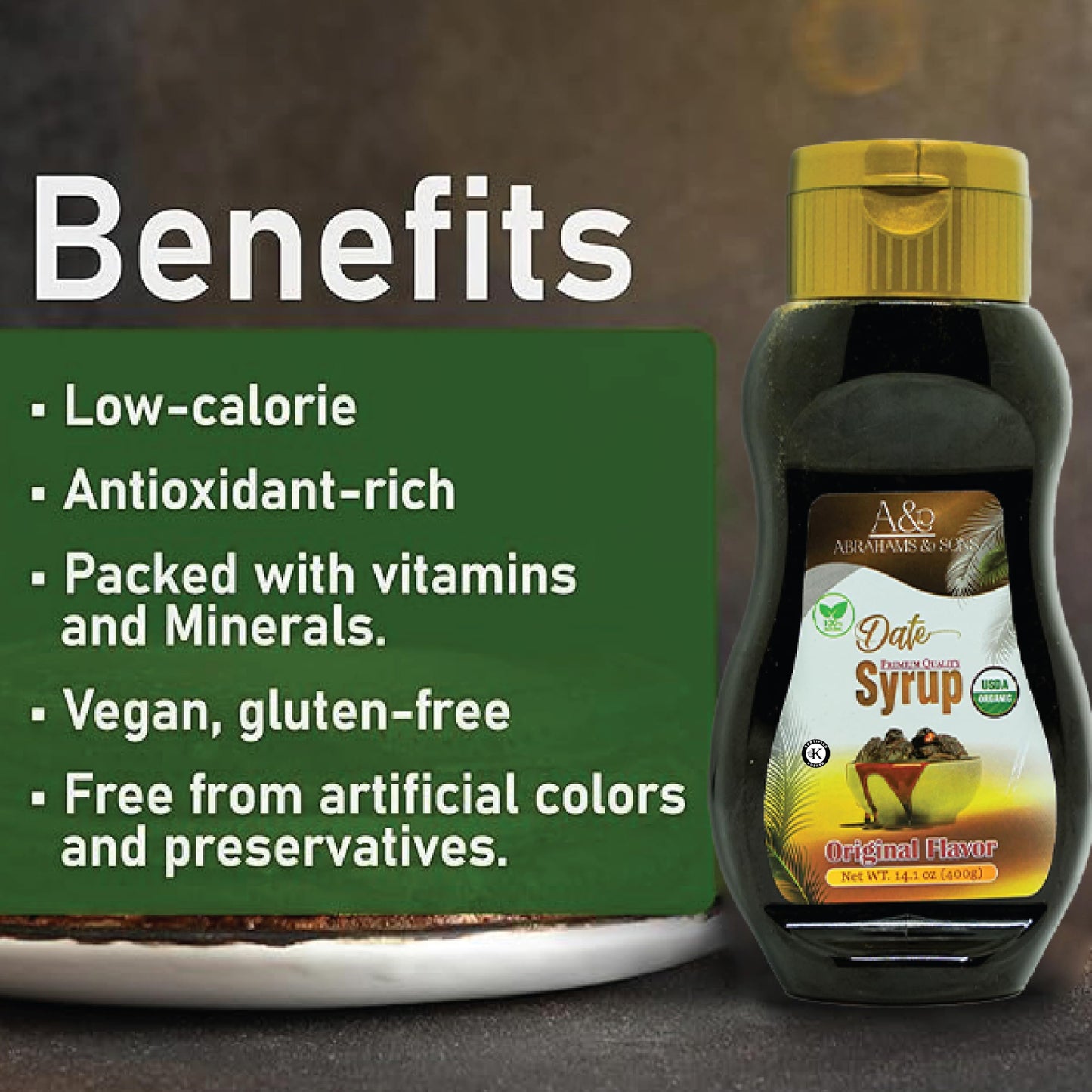 USDA Organic Date Syrup  100% Natural Sweetener  No Added Sugar  Original Flavor  400g - Kosher Certified  Vegan & Kid-Friendly