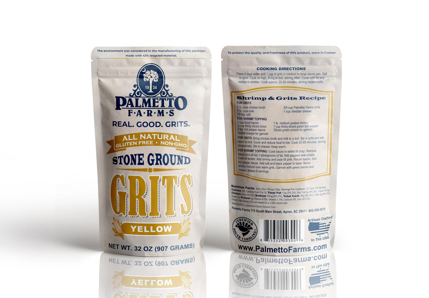 Palmetto Farms Stone Ground Yellow Grits, 32 Ounce - Gluten-Free, Non-GMO, Southern Style Cooking