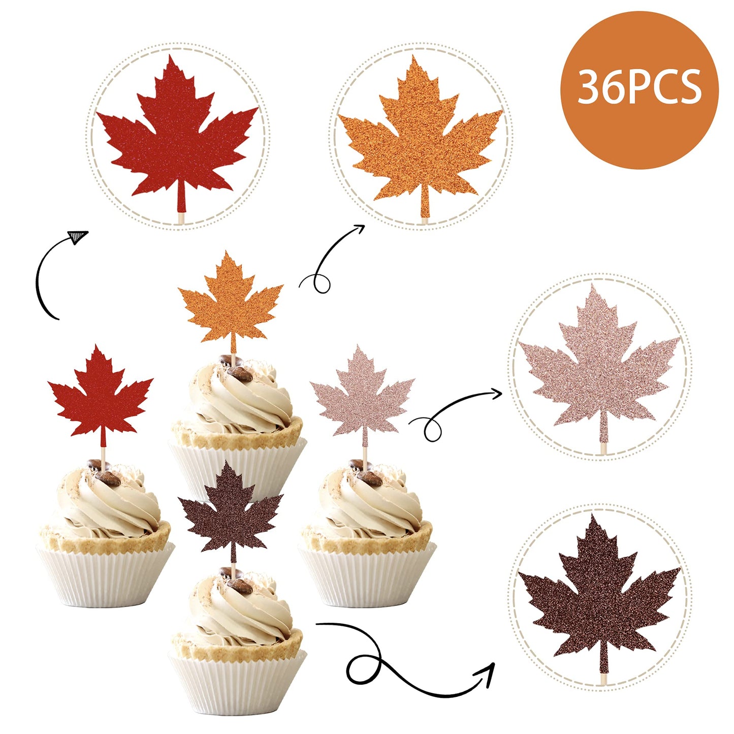 36 Pcs Glitter Maple Leaf Cupcake Toppers Fall Theme Cupcake Picks Fall Harvest Thanksgiving Party Cake Decorations Supplies Mix