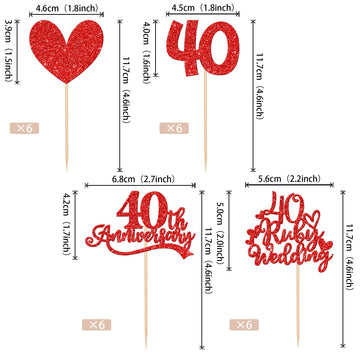 25 Pcs 40Th Anniversary Cupcake Toppers With Ruby Wedding Cake Topper Red Glitter Heart Cupcake Picks For 40Th Wedding Anniversa