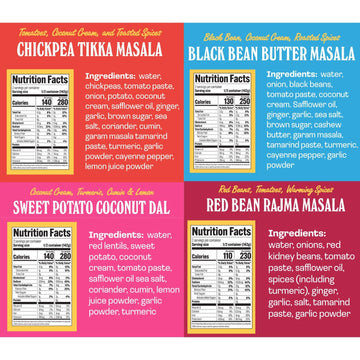 Brooklyn Delhi Variety Pack Pouches - Chickpea Tikka Masala, Black Bean Butter Masala, Sweet Potato Coconut Dal, And Red Bean Ra