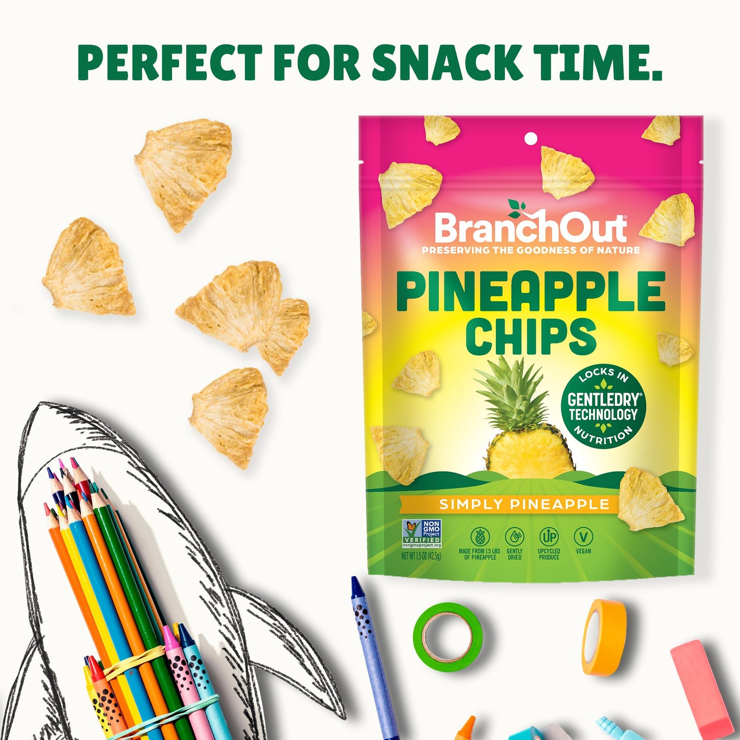 BranchOut Pineapple Chips, No Sugar Added, Real Dried Pineapple Chunks, GentleDry, Better than Freeze Dried Pineapple, Healthy V