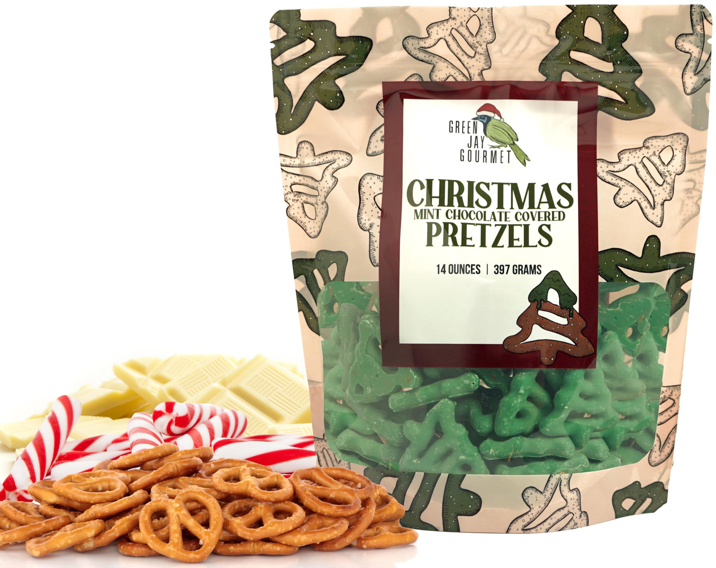 Green Jay Gourmet Christmas Mint Chocolate Covered Pretzels - Handmade & Fresh Gourmet Candy - Sweet & Salty Snack - Great Gift For Chocolate Lovers - 14 Ounce Bag