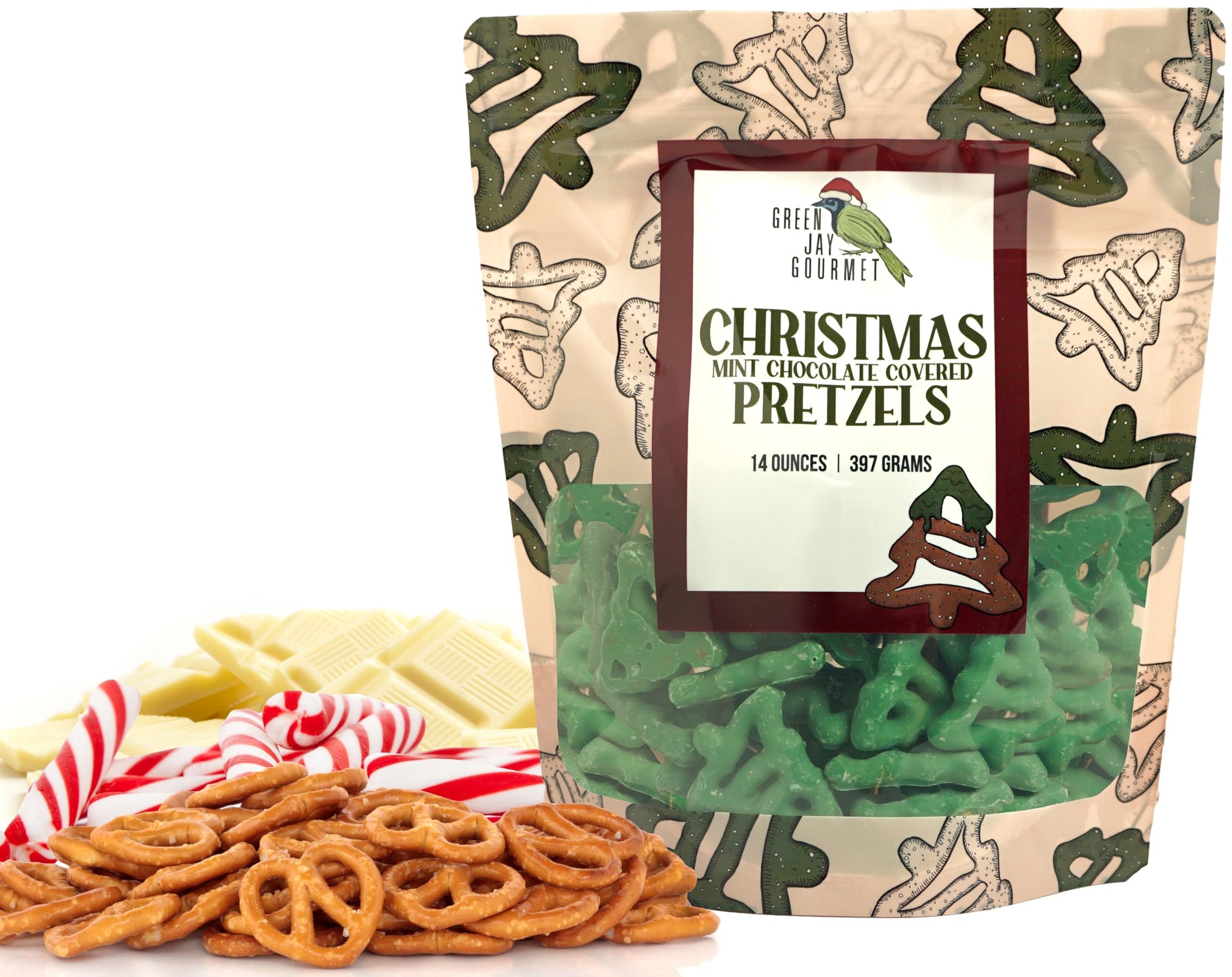 Green Jay Gourmet Christmas Mint Chocolate Covered Pretzels - Handmade & Fresh Gourmet Candy - Sweet & Salty Snack - Great Gift For Chocolate Lovers - 14 Ounce Bag