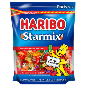 Haribo Gummi Candy, Starmix Gummy Candy, 25.6 Ounce Resealable Party Size Stand Up Bag, Delicious Soft & Chewy Sweet Snacks, Assorted Fruity Flavors