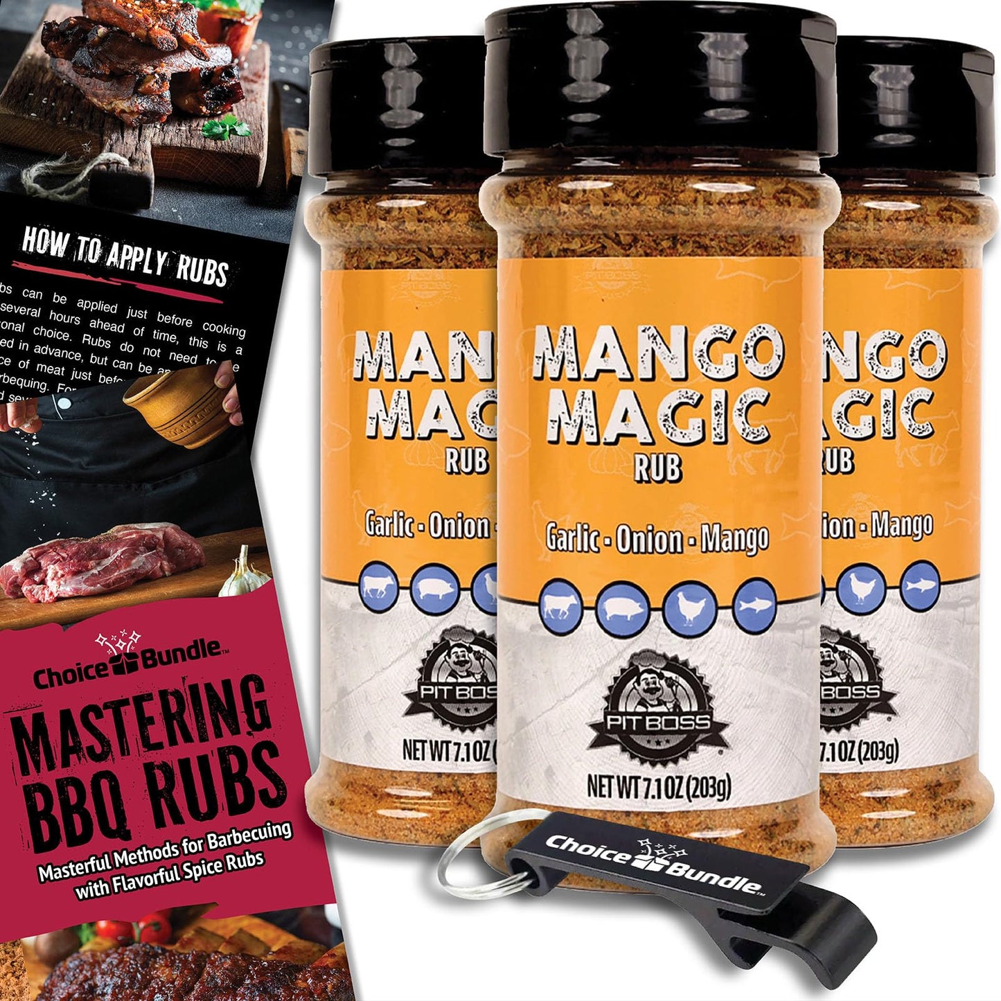 Pit Boss Mango Magic Premium BBQ Barbecue Mixed Seasoning Spice & Dry Rub 3 pk Choice Bundle (21.3 oz) + Guide & Keychain Bottle