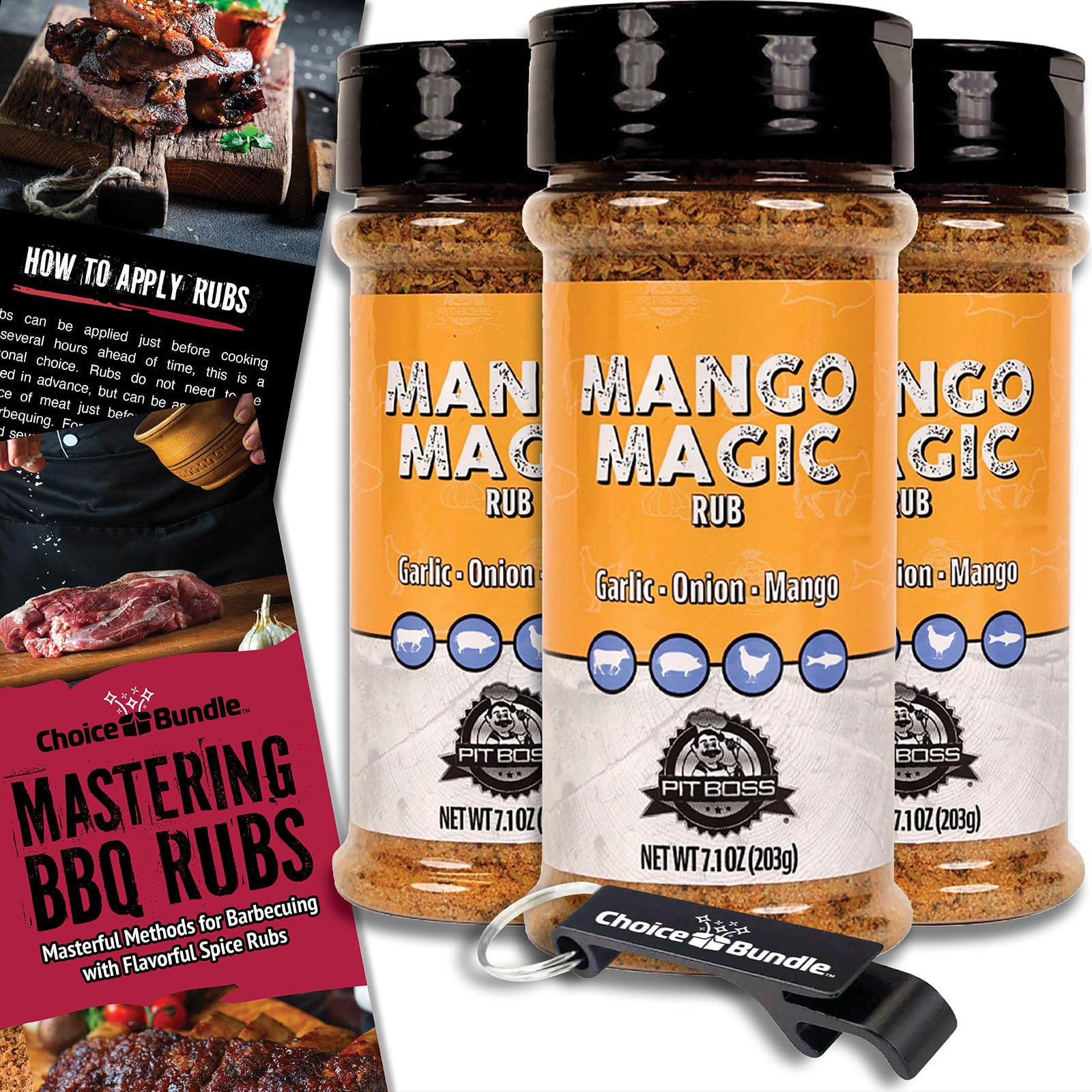 Pit Boss Mango Magic Premium BBQ Barbecue Mixed Seasoning Spice & Dry Rub 3 pk Choice Bundle (21.3 oz) + Guide & Keychain Bottle