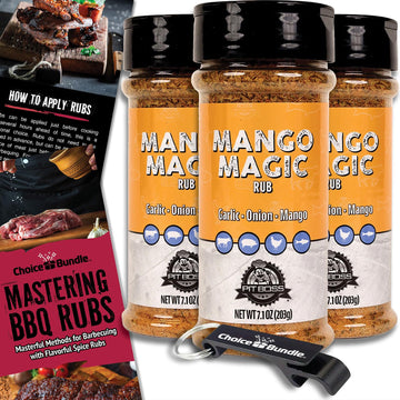 Pit Boss Mango Magic Premium BBQ Barbecue Mixed Seasoning Spice & Dry Rub 3 pk Choice Bundle (21.3 oz) + Guide & Keychain Bottle