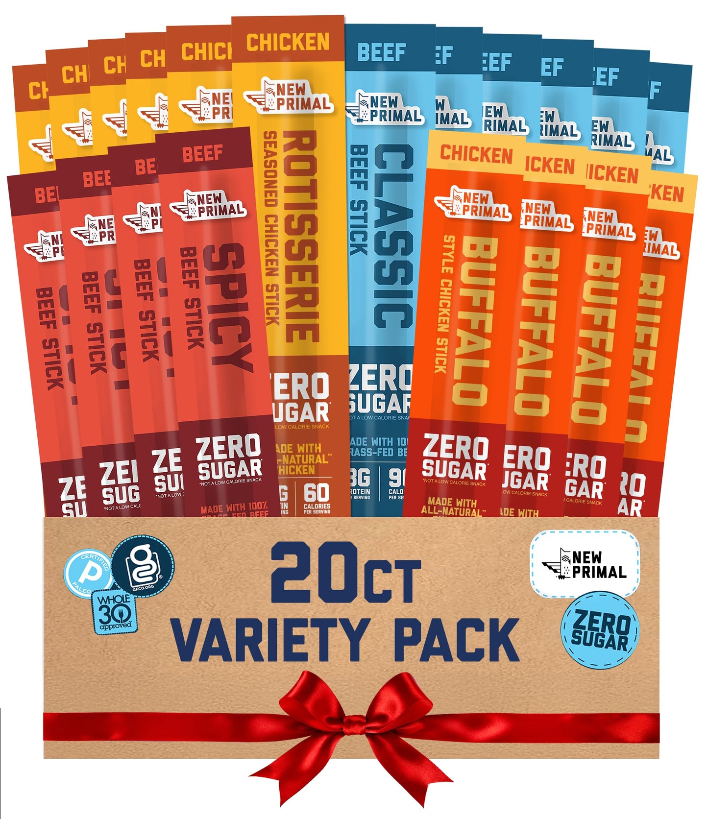 New Primal Meat Sticks Sampler, Grass Fed Beef, All Natural Chicken, Keto, Gluten Free Healthy Snacks For Mature-Themeds, Sugar Free Low Carb High Protein Snack, Jerky Gift Basket, Paleo Whole30, Variety Pack, 20 Count