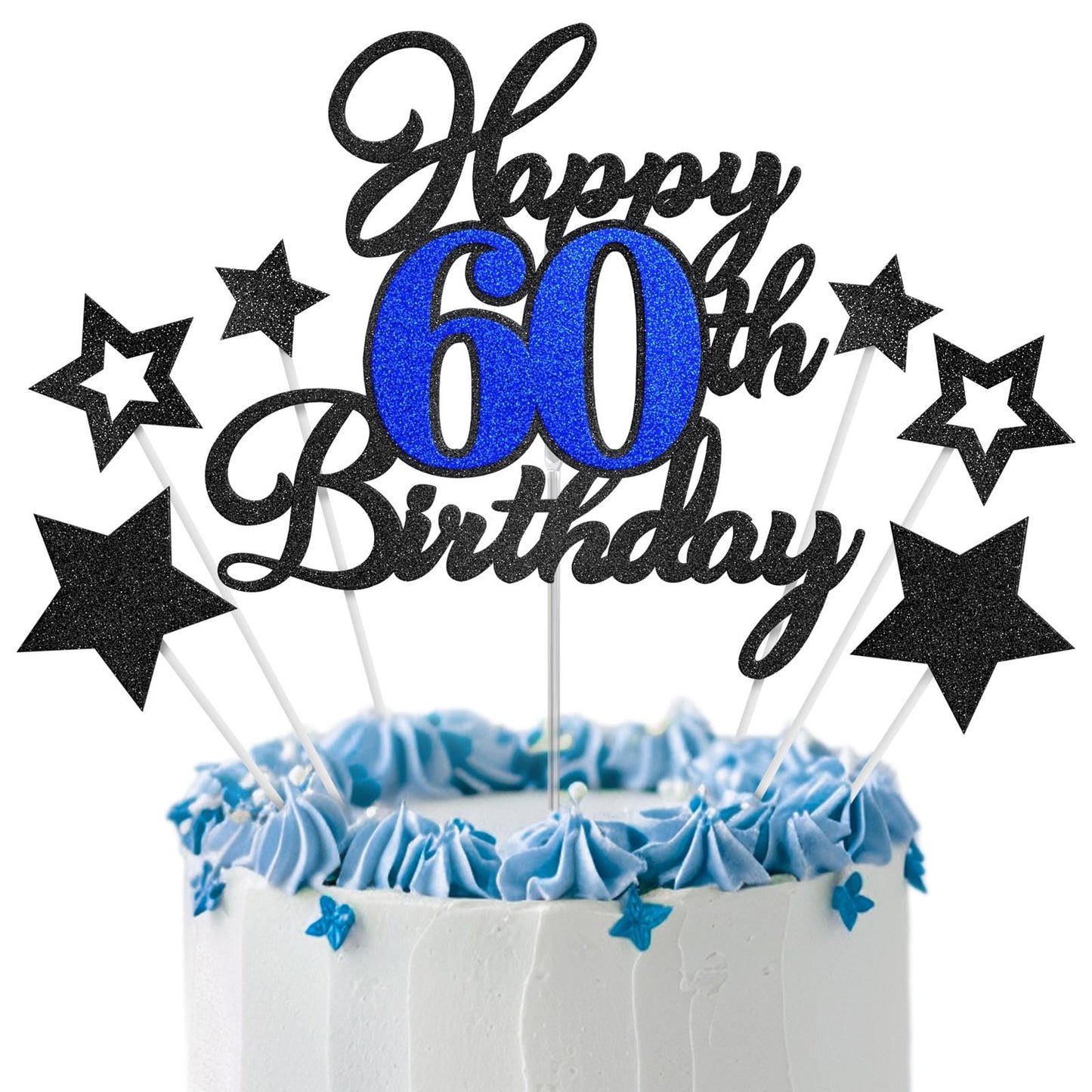 Happy 60th Birthday Cake Toppers, Black Blue Glitter Cake Decorations Set, 60th Birthday Decor, Birthday Anniversary Party Decor