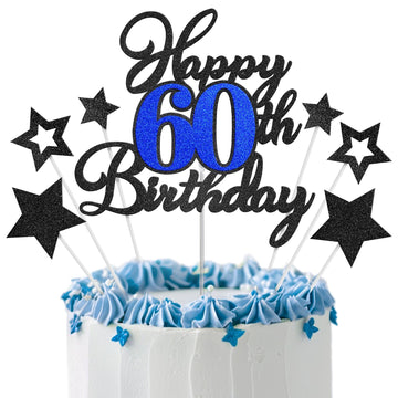 Happy 60th Birthday Cake Toppers, Black Blue Glitter Cake Decorations Set, 60th Birthday Decor, Birthday Anniversary Party Decor