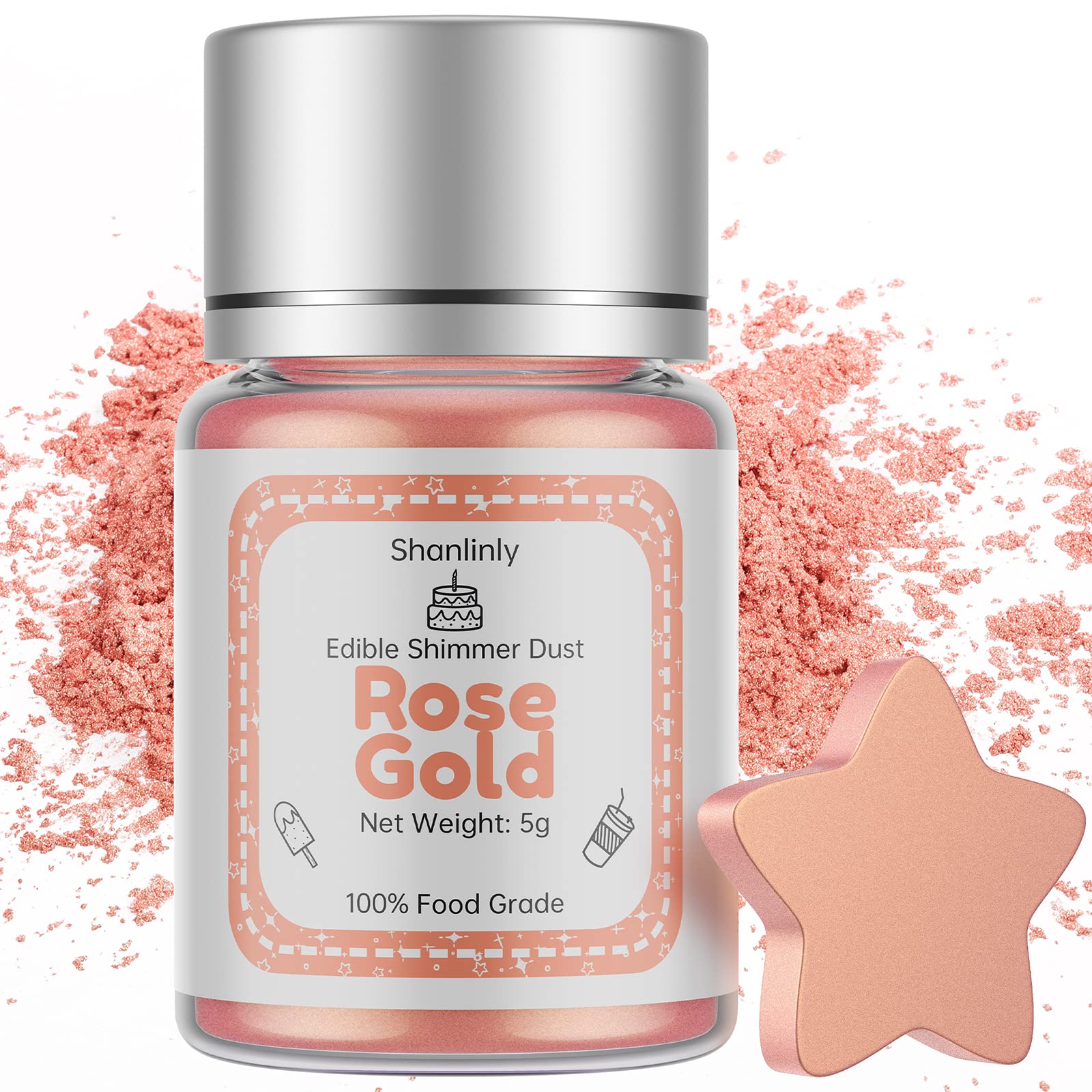 Shanlinly Rose Gold Luster Dust Edible - 5 Grams Food Grade Cake Dust Shimmer Powdered, Edible Metallic Powder Food Coloring for