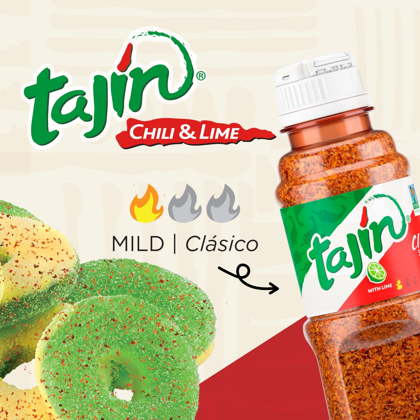 Snak Club Tajin Apple Rings Gummy Candy, Fruit Candy Gummies with Chili and Lime Seasoning, Mild, Gluten-Free and Vegan Snacks,