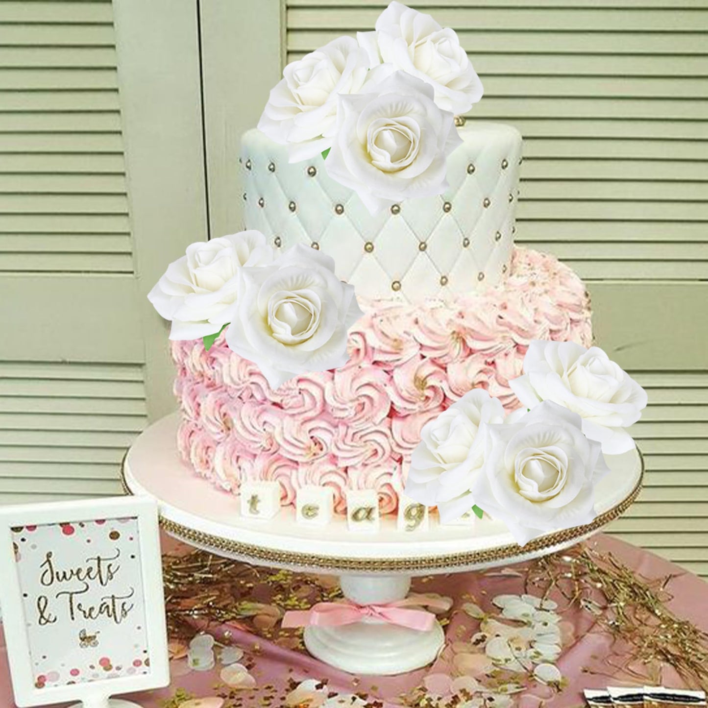 Rssta i Artificial Roses Cake Topper, 9 Pack, Paperboard, 2.6 x 2.6 inches, Design 5 White, Wedding/Birthday Decorations