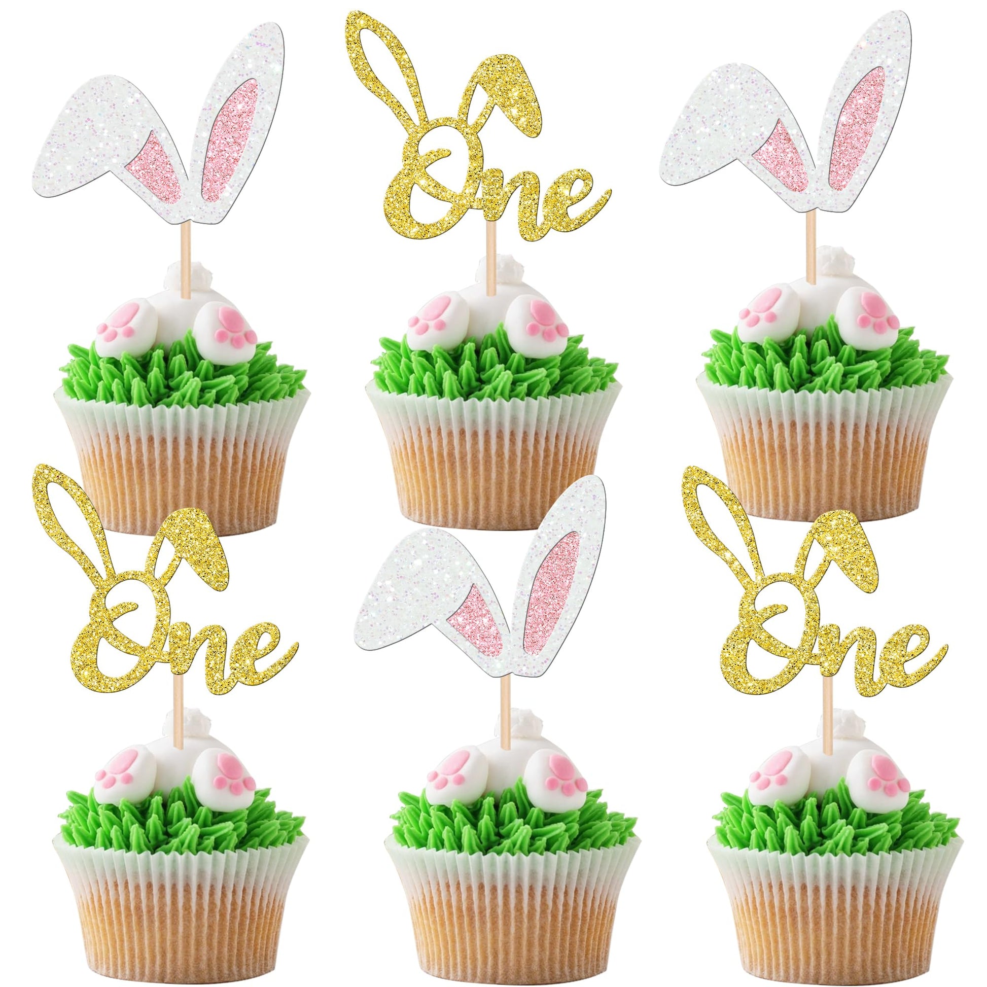24 Pcs Easter One Cupcake Toppers With Gold Glitter Rabbit Ear First Birthday Cupcake Picks Happy Easter Theme Baby Shower Kids 1St Birthday Party Cake Decorations Supplies