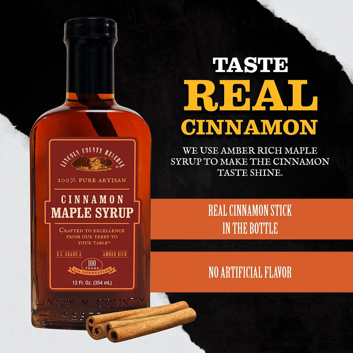 Lincoln County Reserve Cinnamon Maple Syrup, 12 Fl Oz, Amber Rich Grade A, Made in USA, Brown