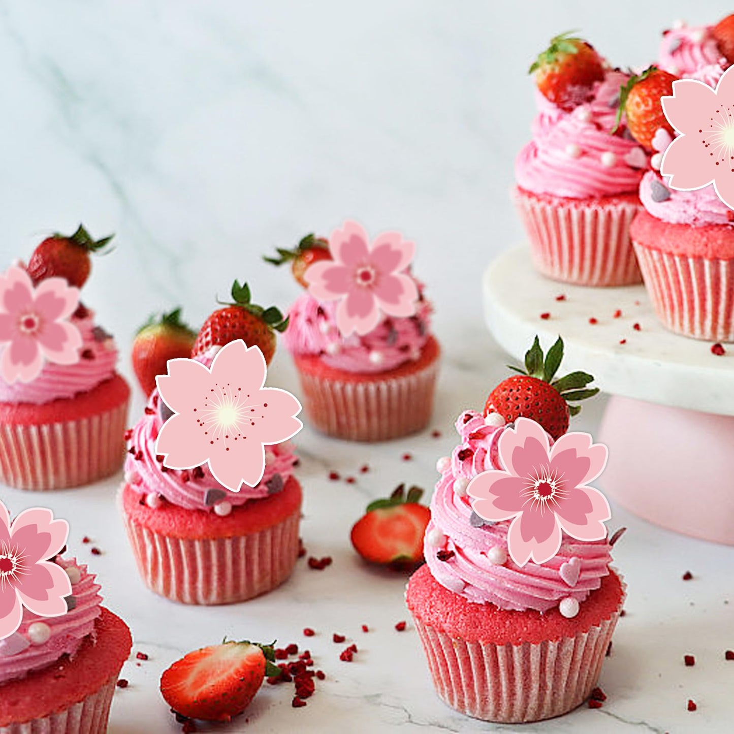 48Pcs Edible Cherry Blossom Cake Decoration Cherry Blossom Flowers Cupcake Toppers Wafer Paper Flowers Cake Decoration Wedding B