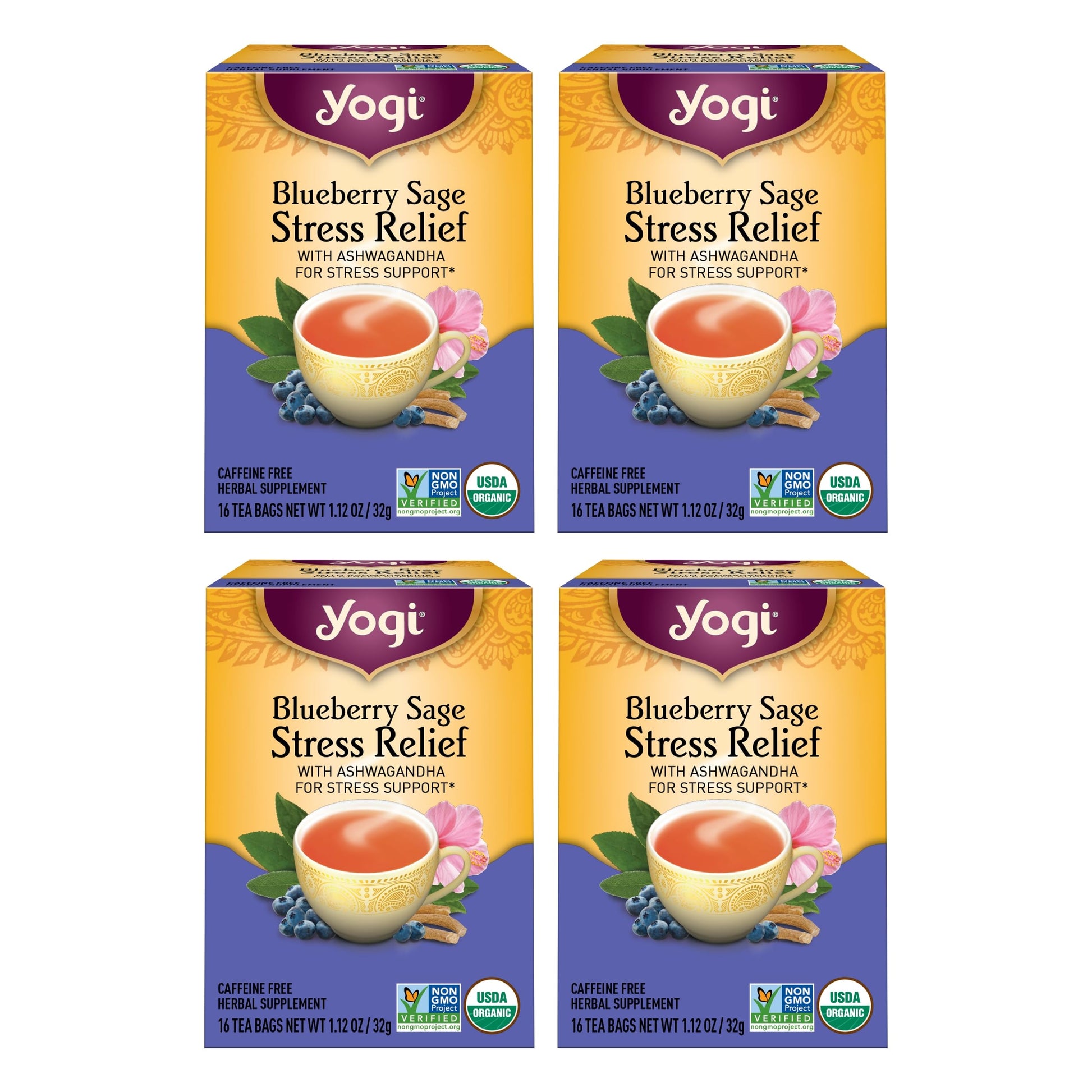 Yogi Tea Blueberry Sage - Stress Relief Tea Bags, 16 Count (Pack of 4) - Calming Herbal Blend with Ashwagandha, Hibiscus & More