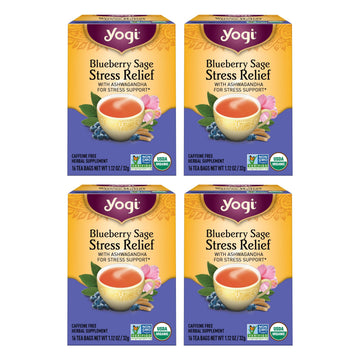 Yogi Tea Blueberry Sage - Stress Relief Tea Bags, 16 Count (Pack of 4) - Calming Herbal Blend with Ashwagandha, Hibiscus & More