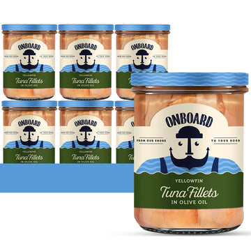 ONBOARD Yellowfin Tuna Fillets, Mediterranean Style, 1.05 oz, Pack of 6, Ready-to-Eat Snacks, Glass Jar