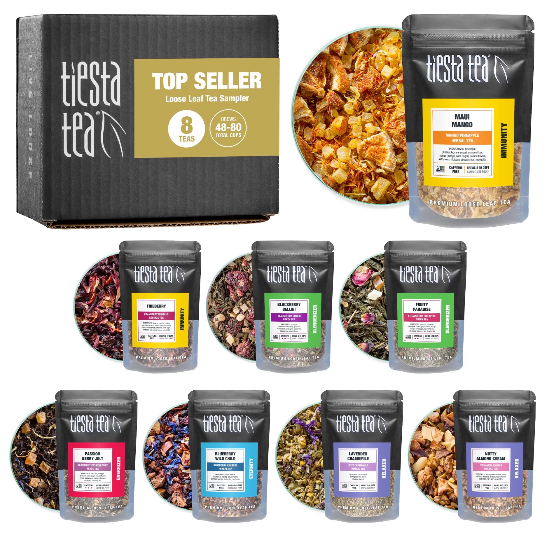 Tiesta Tea Top 8 Favorites Sampler Set, Loose Leaf Tea Variety Pack, 8 Sample Pouches, Hot & Iced, Up to 80 Cups