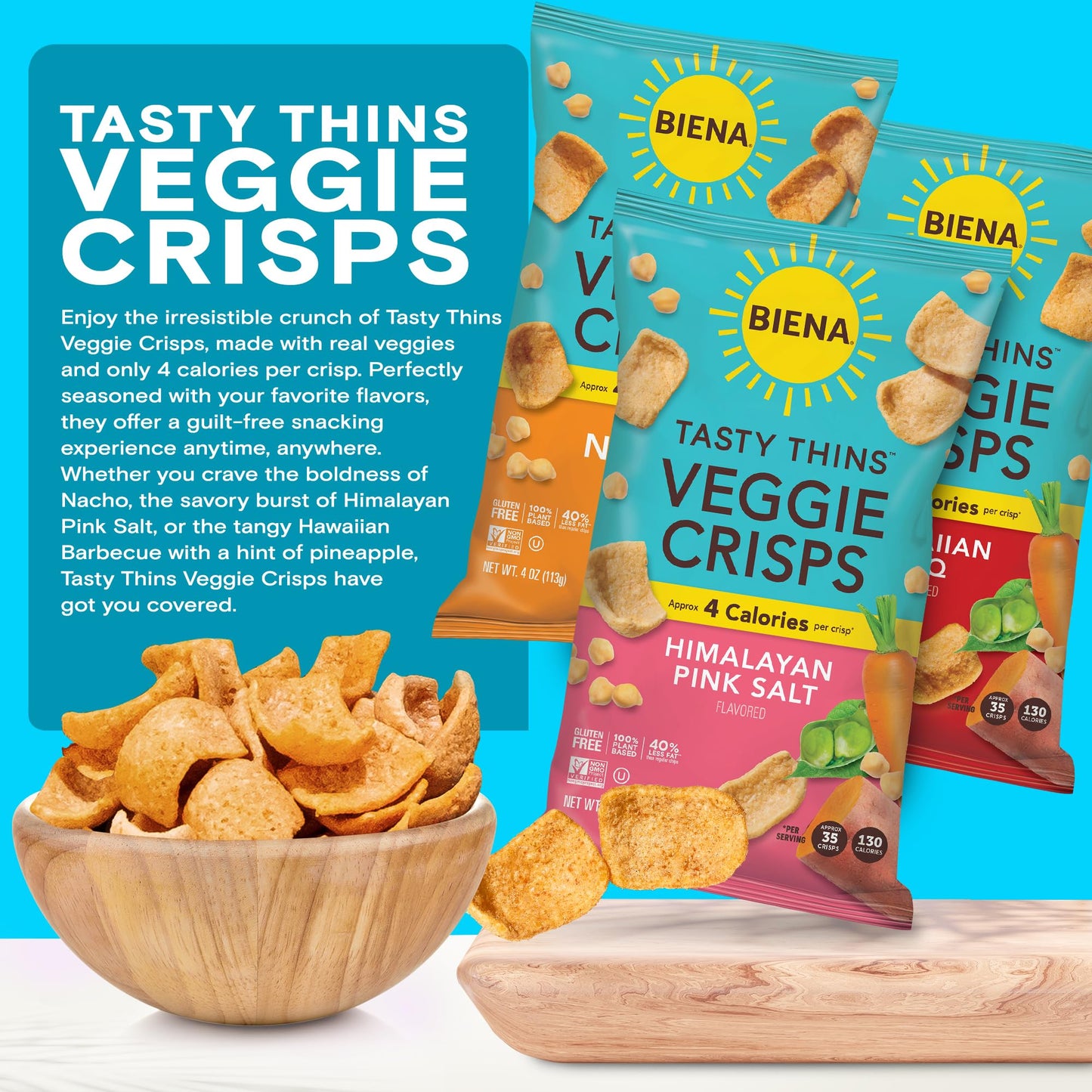 Biena Tasty Thins Veggie Crisps - Low-Calorie Veggie Chips For Adults And Kids - Variety Pack (6X4-Oz Bags) - Hawaiian Bbq, Hima