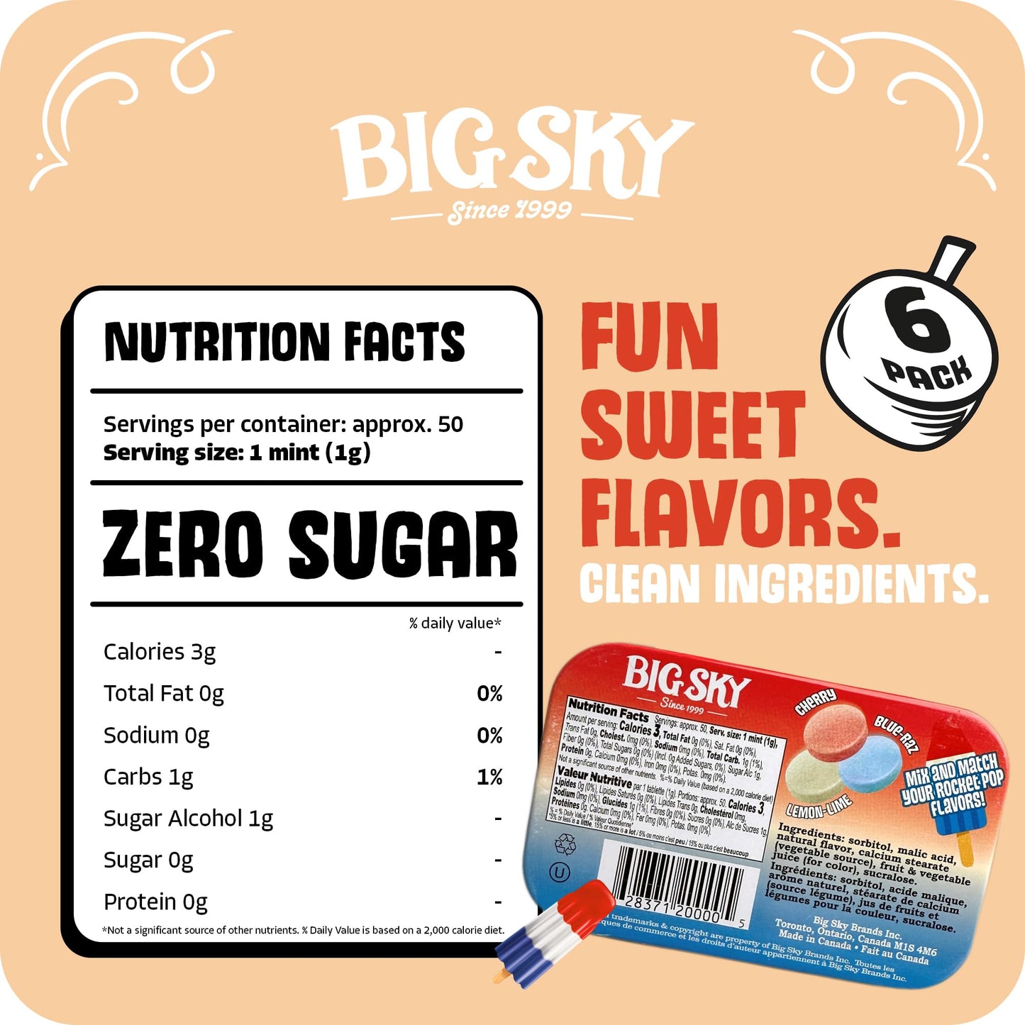 Big Sky Rocket Pop Sugar Free Mints - 50 Count Tin (Pack of 6) | Kosher Certified, Vegan Candy Mints | Aspartame & Gluten Free |