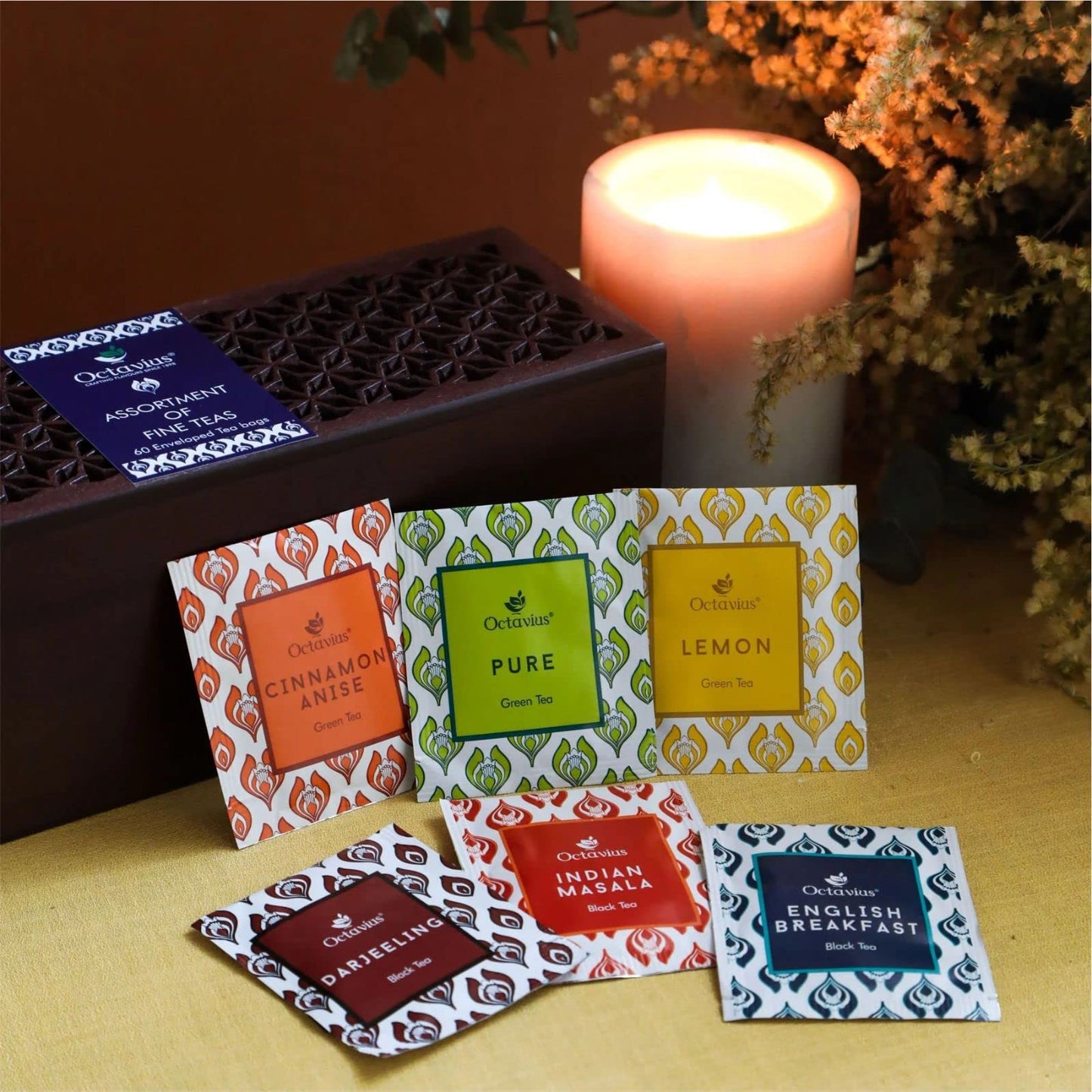 Octavius, Assorted Tea Sampler Gift Set (6 Flavors, 60 Tea Bags) | Black & Green Tea Sampler Pack | Leaf Cut Design Wooden Tea G